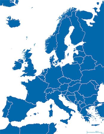 Europe Political Map and surrounding region with all countries and national borders. Blue outline illustration on white background with english scaling. Foto de stock - Super Valor sin royalties y Suscripción, Código: 400-08043926