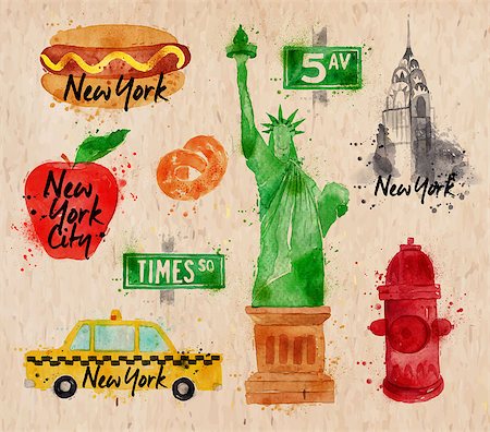 statue of liberty on the flag - New York symbols watercolor drawing with drops and splash on a kraft paper, hot dog, pretzel, big apple, statue of liberty, red hydrant, taxi, Time sq, 5av, Chrysler building. Stock Photo - Budget Royalty-Free & Subscription, Code: 400-08054330