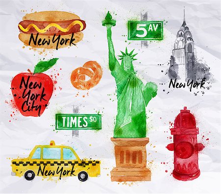 statue of liberty on the flag - New York symbols watercolor drawing with drops and splash on a crumled paper, hot dog, pretzel, big apple, statue of liberty, red hydrant, taxi, Time sq, 5av, Chrysler building. Photographie de stock - Aubaine LD & Abonnement, Code: 400-08054331