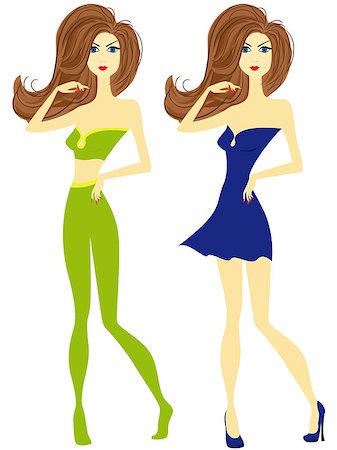 Fashion slender girl with chestnut hair in green tights and blue dress, hand drawing vector illustration Photographie de stock - Aubaine LD & Abonnement, Code: 400-08054391