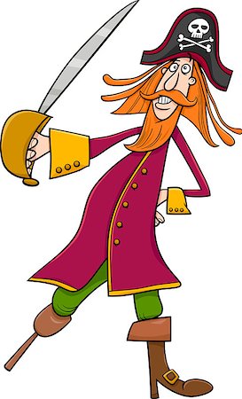 simsearch:400-04098342,k - Cartoon Illustration of Funny Pirate or Corsair Captain with Saber and Jolly Roger Sign Fotografie stock - Microstock e Abbonamento, Codice: 400-08054430