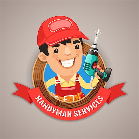 drill and cartoon - Handyman Services Emblem for Your Carpentry Company Projects. Clipping paths included in additional jpg format. Stock Photo - Budget Royalty-Free & Subscription, Code: 400-08054635
