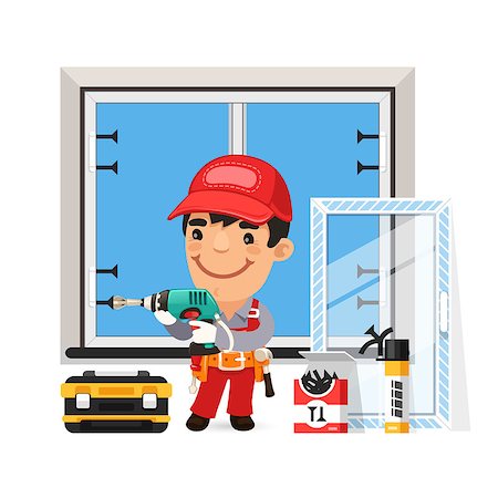 drill and cartoon - Carpenter Installs the New Window. Isolated on white background. Clipping paths included in additional jpg format. Stock Photo - Budget Royalty-Free & Subscription, Code: 400-08054638