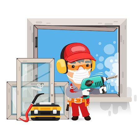 drill and cartoon - Dismantling the Old Window. Isolated on white background. Clipping paths included in additional jpg format. Stock Photo - Budget Royalty-Free & Subscription, Code: 400-08054639