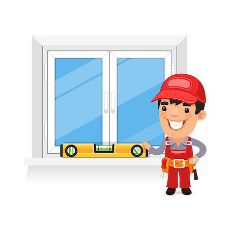 Carpenter Checks the New Window. Isolated on white background. Clipping paths included in additional jpg format. Stock Photo - Budget Royalty-Free & Subscription, Code: 400-08054640