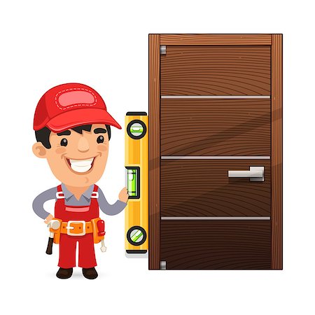 Carpenter Checks the New Door. Isolated on white background. Clipping paths included in additional jpg format. Stock Photo - Budget Royalty-Free & Subscription, Code: 400-08054642