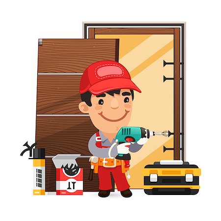 Carpenter Installs the Door. Isolated on white background. Clipping paths included in additional jpg format. Stock Photo - Budget Royalty-Free & Subscription, Code: 400-08054643