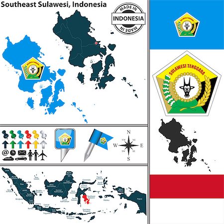 simsearch:400-08493882,k - Vector map of region Southeast Sulawesi with coat of arms and location on Indonesian map Stock Photo - Budget Royalty-Free & Subscription, Code: 400-08056723