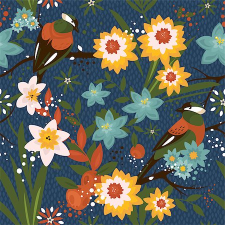 simsearch:400-08043294,k - Vintage seamless floral pattern with birds vector illustration Stock Photo - Budget Royalty-Free & Subscription, Code: 400-08050105