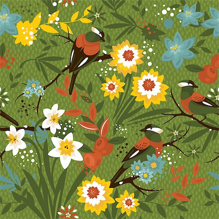 simsearch:400-08043294,k - Vintage seamless floral pattern with birds vector illustration Stock Photo - Budget Royalty-Free & Subscription, Code: 400-08050103