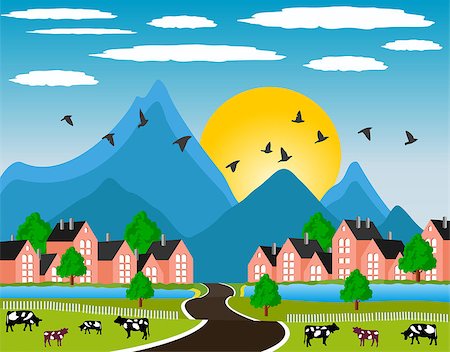 Ilustration of a little town in a calm and tranquil environment in mountain Fotografie stock - Microstock e Abbonamento, Codice: 400-08050308