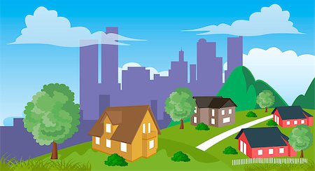 Cartoon illustration of a city suburb with road to downtown Stock Photo - Budget Royalty-Free & Subscription, Code: 400-08050918