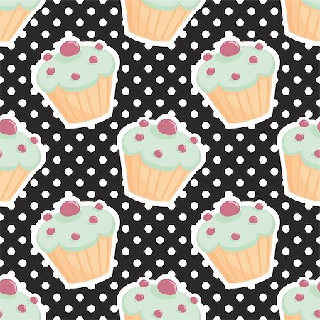 simsearch:400-07428310,k - Tile vector pattern with cupcakes and polka dots on black background for seamless decoration wallpaper Stock Photo - Budget Royalty-Free & Subscription, Code: 400-08051099