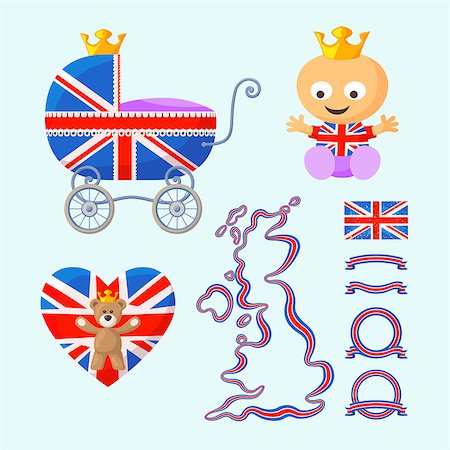 Set with English royal baby, baby carriage, teddy bear, heart, map, flag and ribbons in the colors of the United Kingdom. Stock Photo - Budget Royalty-Free & Subscription, Code: 400-08051156