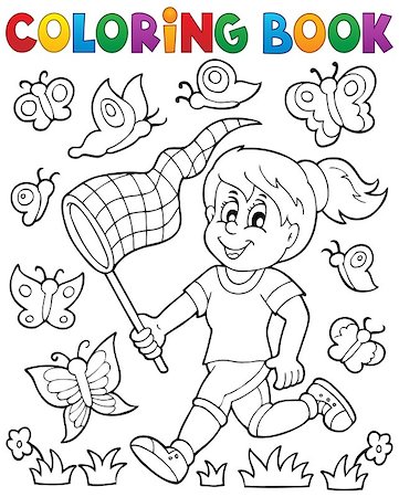 Coloring book girl chasing butterflies - eps10 vector illustration. Stock Photo - Budget Royalty-Free & Subscription, Code: 400-08051300