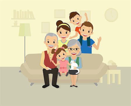 father cartoon - Happy family. Smiling dad, mom, grandparents and two kids sitting at home Photographie de stock - Aubaine LD & Abonnement, Code: 400-08051927