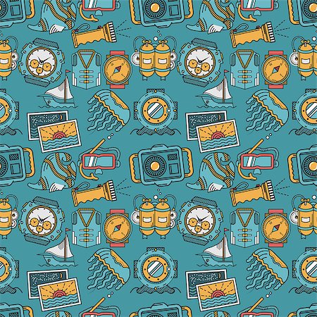 Seamless vector pattern with flat color design elements of sea active leisure and diving on blue background. Photographie de stock - Aubaine LD & Abonnement, Code: 400-08052204