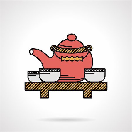 simsearch:400-08788125,k - Flat color style vector icon for tea set with red teapot and three gray cups on wooden table on white background. Stock Photo - Budget Royalty-Free & Subscription, Code: 400-08052205