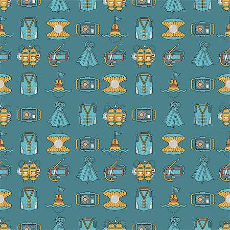 simsearch:400-08052219,k - Seamless vector pattern with flat color design elements of diving and sea leisure on blue background. Stock Photo - Budget Royalty-Free & Subscription, Code: 400-08052206