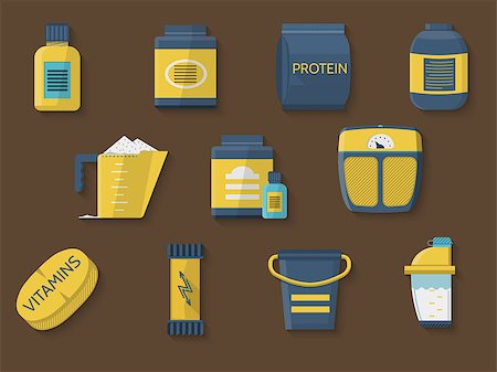 simsearch:400-07976328,k - Flat color design icons vector collection of yellow and blue jars for sports nutrition program on brown background. Foto de stock - Royalty-Free Super Valor e Assinatura, Número: 400-08052207