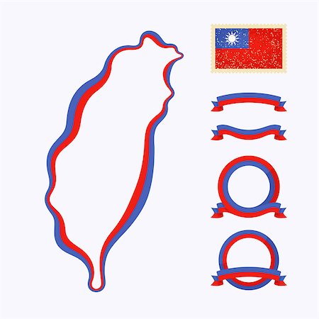 Outline map of Taiwan. Border is marked with ribbon in national colors. The package contains frames in national colors and stamp with flag. Stock Photo - Budget Royalty-Free & Subscription, Code: 400-08052242