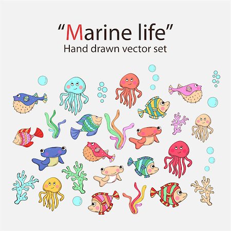 Vector marine life hand drawn set with sea inhabitants. Stock Photo - Budget Royalty-Free & Subscription, Code: 400-08052915