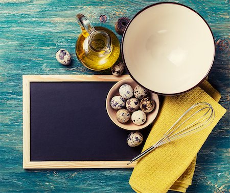 Cooking food - ingredients and black chalk board for recipes or food menu. Top view Fotografie stock - Microstock e Abbonamento, Codice: 400-08053546