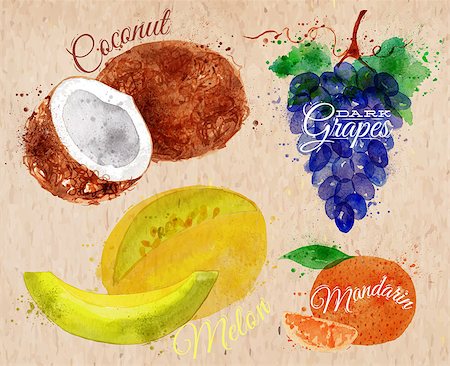 simsearch:400-08378503,k - Fruit set drawn watercolor blots and stains with a spray coconut, melon, mandarin, dark grapes in kraft Stock Photo - Budget Royalty-Free & Subscription, Code: 400-08053565