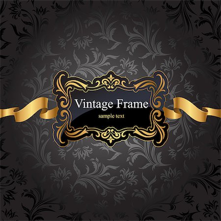 Vintage gold frame on black damask background. Vector illustration. Stock Photo - Budget Royalty-Free & Subscription, Code: 400-08053749