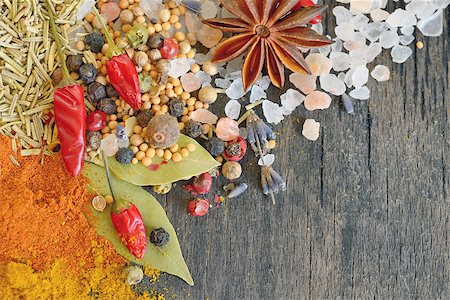 spoon of salt with peppercorns - Herbs and spices on old table wood Stock Photo - Budget Royalty-Free & Subscription, Code: 400-08053796