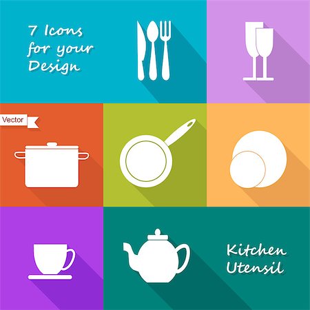 Seven icons of kitchen utensil in colored flat design style Foto de stock - Super Valor sin royalties y Suscripción, Código: 400-08053884