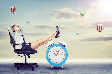 pager - Woman in jacket and skirt sitting on chair. Put your feet on the alarm clock. Background of clouds and hot air balloon Stock Photo - Budget Royalty-Free & Subscription, Code: 400-08074158