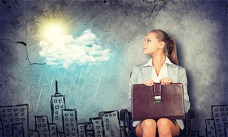 sun sky rain - Woman in jacket and blouse smiling briefcase clipboard and looking at camera. Background sketch of houses, sun, rain and cloud Stock Photo - Budget Royalty-Free & Subscription, Code: 400-08074159