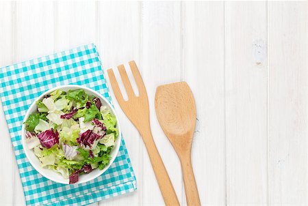 simsearch:400-06485512,k - Fresh healthy salad over white wooden table. View from above with copy space Stock Photo - Budget Royalty-Free & Subscription, Code: 400-08074313