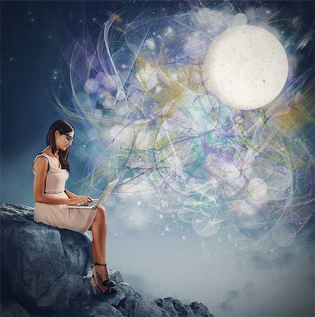 reflection of star to human - Woman working at pc in the moonlight Stock Photo - Budget Royalty-Free & Subscription, Code: 400-08074424