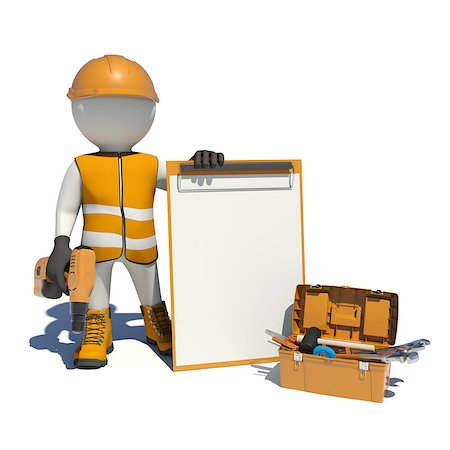 drill and cartoon - White man in special clothes, shoes and helmet holding clipboard, with hand drill. Isolated on white background. Background of toolbox. Isolated on white background Stock Photo - Budget Royalty-Free & Subscription, Code: 400-08074481