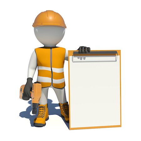 White man in special clothes, shoes and helmet holding clipboard, with hand drill. Isolated on white background Stock Photo - Budget Royalty-Free & Subscription, Code: 400-08074482