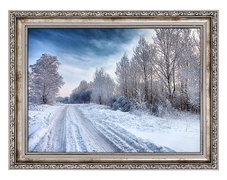 simsearch:400-06569887,k - Old wooden frame with beautiful winter landscape isolated on white background. Photo inside is my property Fotografie stock - Microstock e Abbonamento, Codice: 400-08074516