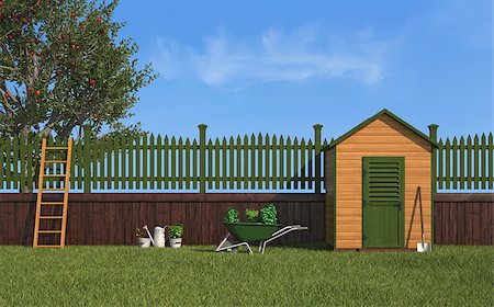 simsearch:400-08554639,k - Garden with gardening tools,wooden shed ,fence and apple tree - 3D Rendering Stock Photo - Budget Royalty-Free & Subscription, Code: 400-08074577