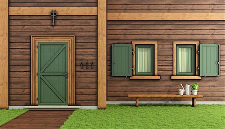 simsearch:400-07429824,k - Detail of the facade of a wooden house with entrance door and two windows - 3d Rendering Stock Photo - Budget Royalty-Free & Subscription, Code: 400-08074585