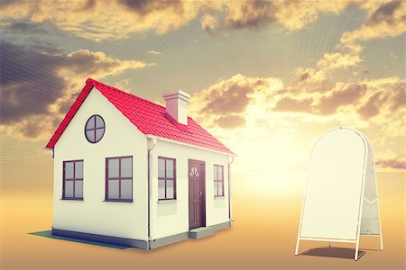 downspout - White house among clouds with red roof, brown door and chimney. Near with house sidewalk sign. Background sunset Stock Photo - Budget Royalty-Free & Subscription, Code: 400-08074834