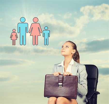 simsearch:400-08158930,k - Business woman in skirt, blouse and jacket, sitting on chair imagines family. Against background of sky and clouds Stock Photo - Budget Royalty-Free & Subscription, Code: 400-08074832