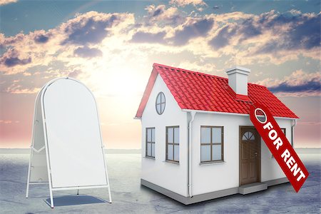 downspout - White house with label for rent, red roof, brown door and chimney. Near with house sidewalk sign. Background sun shines brightly on large clouds Stock Photo - Budget Royalty-Free & Subscription, Code: 400-08074843