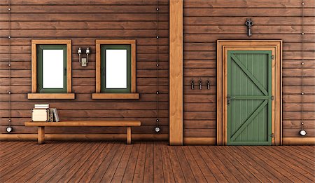 pilaster - Empty room of a mountain home with green front door and bench with books under windows - 3D Rendering Stockbilder - Microstock & Abonnement, Bildnummer: 400-08074988