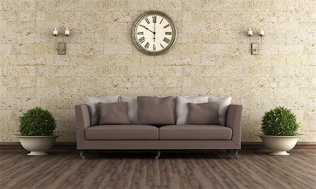 reloj de sol - Classic living room with brown sofa against stone wall - 3D Rendering Photographie de stock - Aubaine LD & Abonnement, Code: 400-08074995