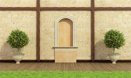 simsearch:400-08554639,k - Classic garden with niche,stone wall and wooden floor - 3D Rendering Stock Photo - Budget Royalty-Free & Subscription, Code: 400-08074990