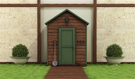 simsearch:400-08554639,k - Classic garden with old shed ,stone wall and wooden floor - 3D Rendering Stock Photo - Budget Royalty-Free & Subscription, Code: 400-08074991