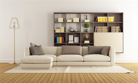 simsearch:400-06795753,k - Contemporary living room with sofa and modern bookcase - 3D Rendering Stock Photo - Budget Royalty-Free & Subscription, Code: 400-08074993