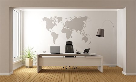 fenêtre sur le monde - Minimalist office with desk and world map on wall - 3D Rendering Photographie de stock - Aubaine LD & Abonnement, Code: 400-08075194