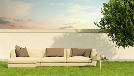 simsearch:400-08554639,k - Garden with elegant sofa on grass - 3D Rendering Stock Photo - Budget Royalty-Free & Subscription, Code: 400-08075195